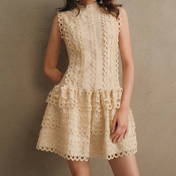 Apricot Elegant Women's French Floral Lace A-Line Collar Sleeveless Crop Dress - Picture 4 of 7